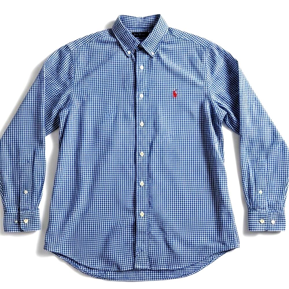 Y2K Ralph Lauren Mens Blue Gingham Button Down Shirt L Classic Check RED Pony